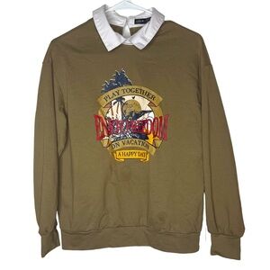 Shein collared graphic pullover white tan brown size XS